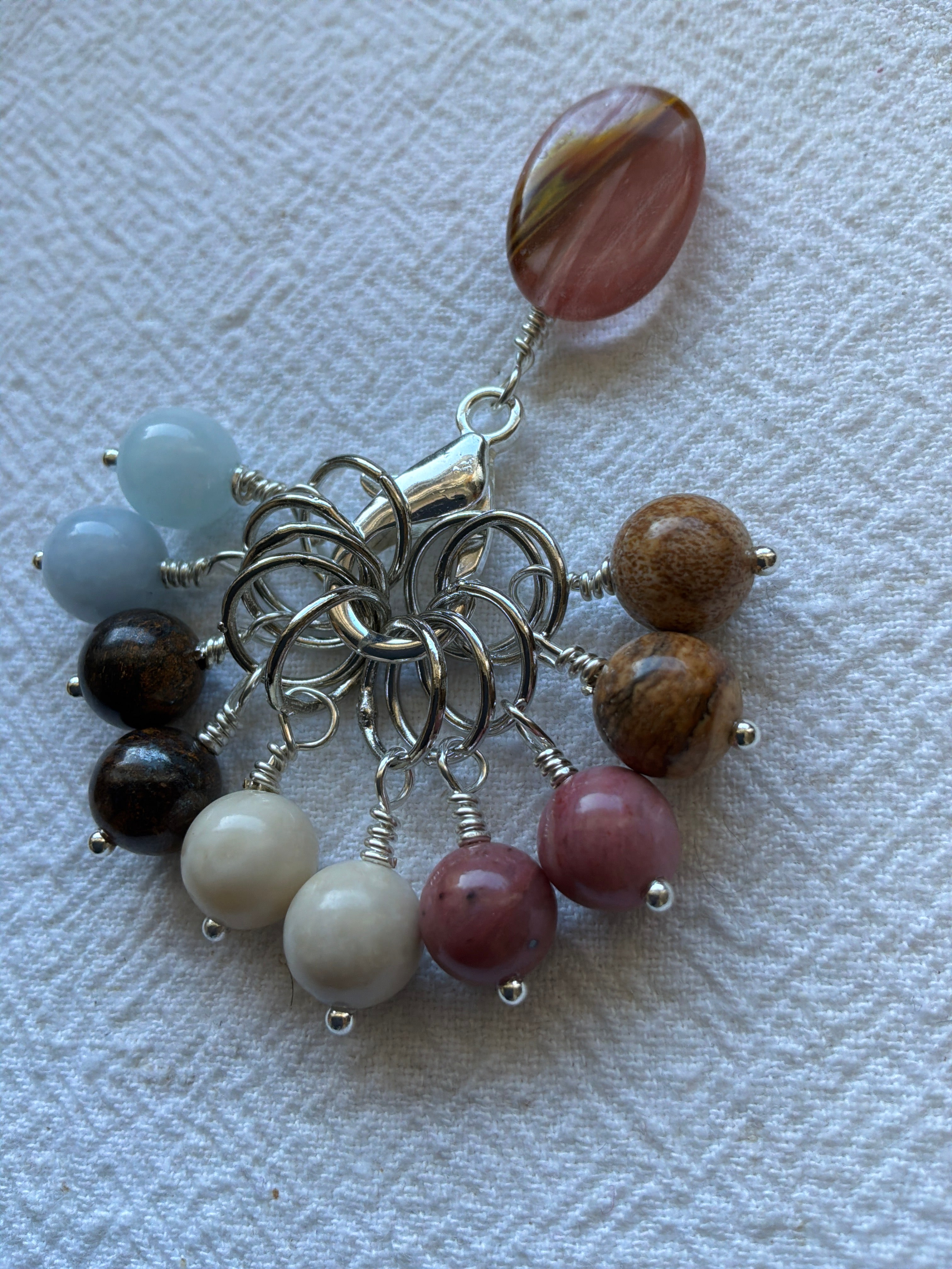 Maskemarkør sæt Turmalin Holder, Akvamarin, Rhodocrosit, Picture Jasper, Brinzit og fossil. Forsølvede markører der passer på op til 7 mm pinde.