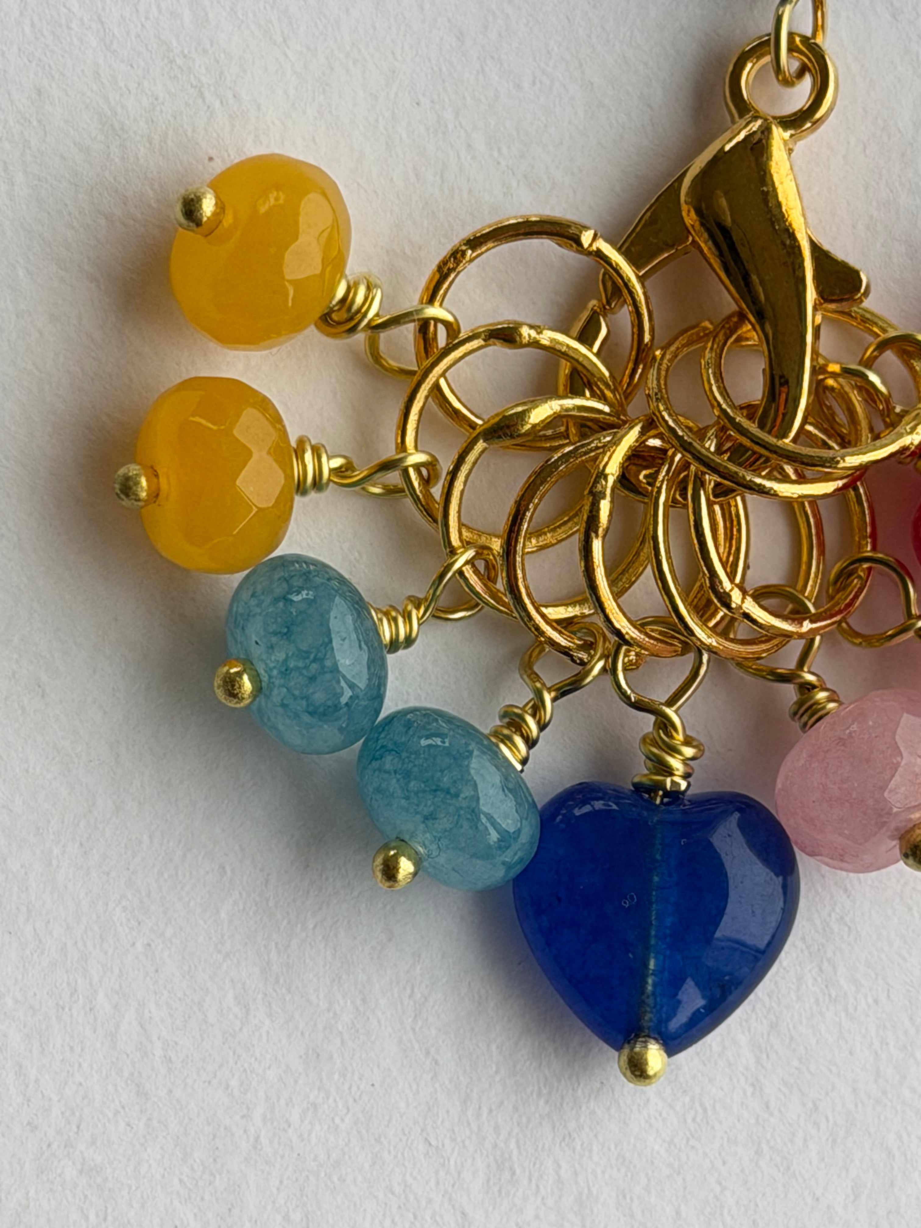 Maskemarkør sæt Rondeller -Blå  Hjerte forgyldt. Op til 7 mm. Akvamarin, Gul Jade, Rubin og Rhodocrosit