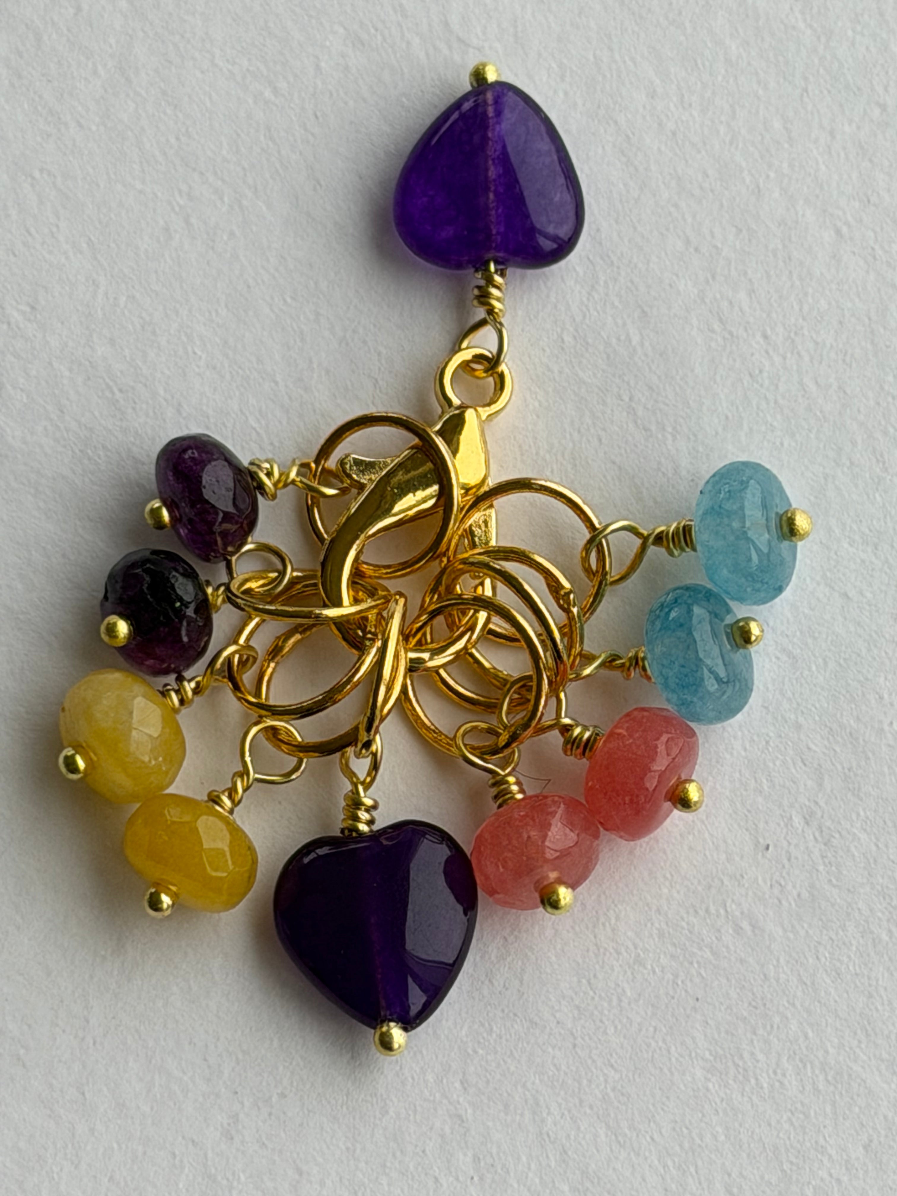 Maskemarkør sæt Rondeller - Lilla Hjerte forgyldt. Op til 7 mm. Akvamarin, Gul Jade, Lilla Jade og Rhodocrosit