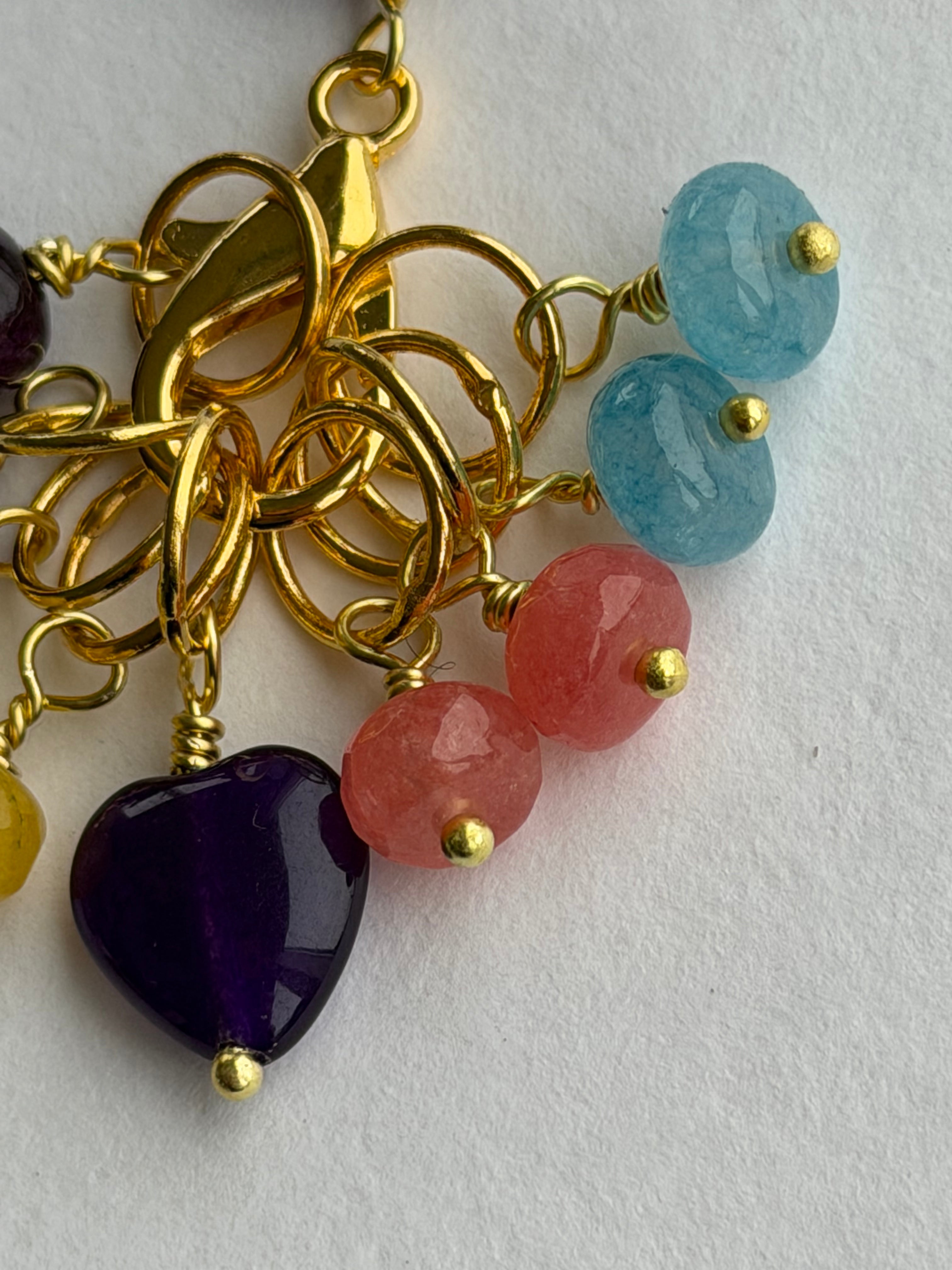 Maskemarkør sæt Rondeller - Lilla Hjerte forgyldt. Op til 7 mm. Akvamarin, Gul Jade, Lilla Jade og Rhodocrosit