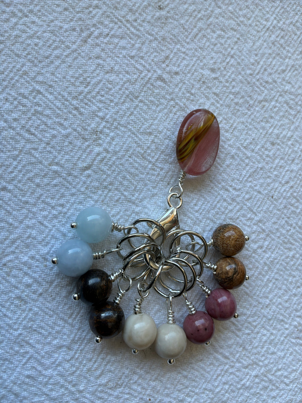 Maskemarkør sæt Turmalin Holder, Akvamarin, Rhodocrosit, Picture Jasper, Brinzit og fossil. Forsølvede markører der passer på op til 7 mm pinde.