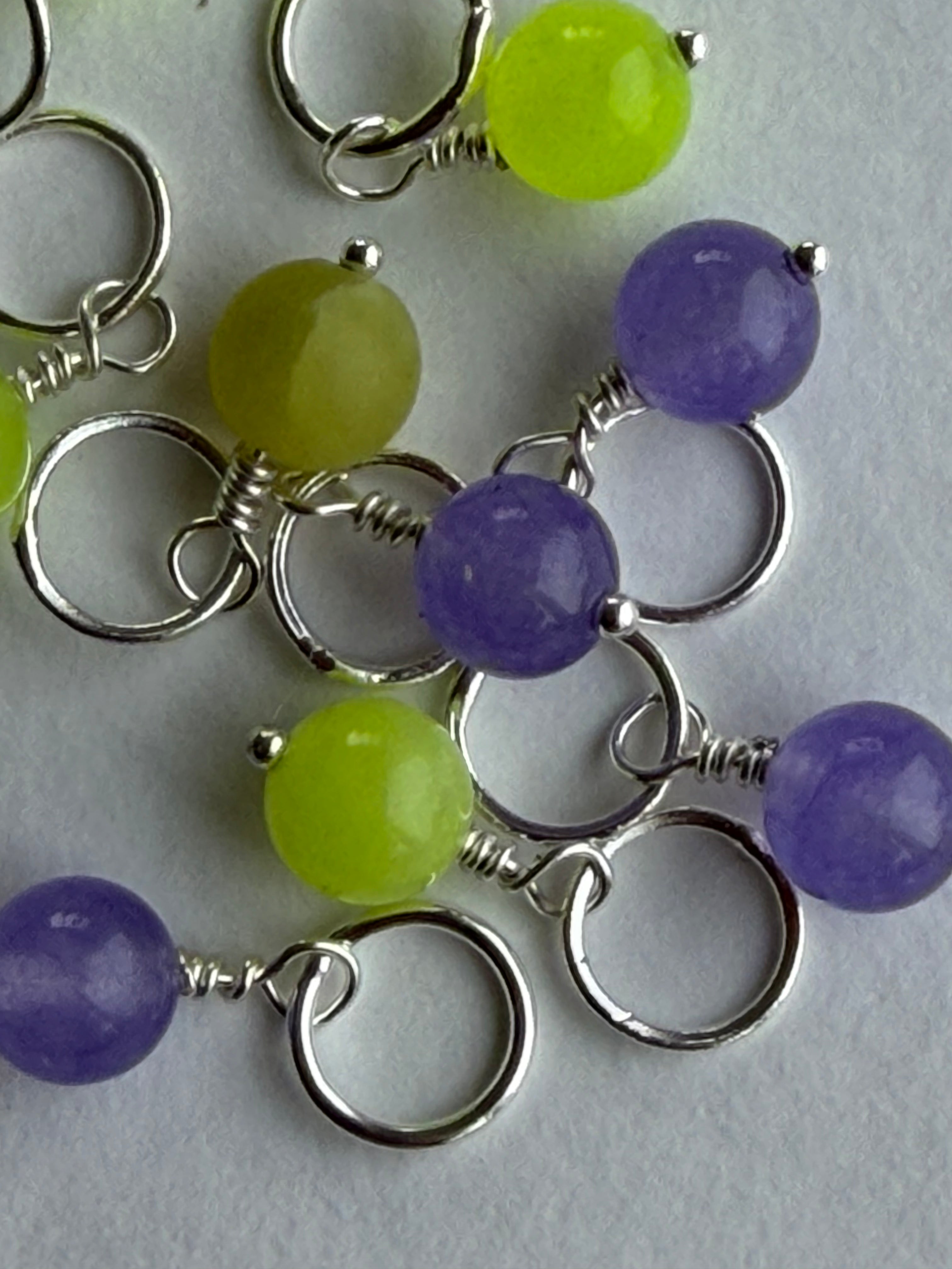 9 Maskemarkører forsølvet 8mm sten - Lime og lilla farvet agat- Passer på op til 7mm pinde