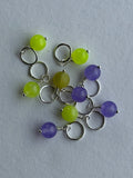9 Maskemarkører forsølvet 8mm sten - Lime og lilla farvet agat- Passer på op til 7mm pinde