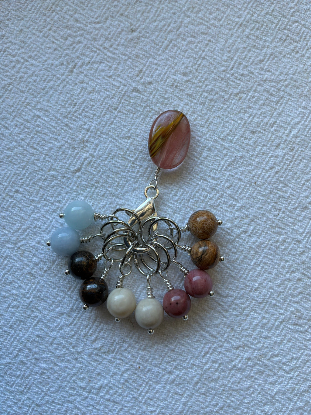 Maskemarkør sæt Turmalin Holder, Akvamarin, Rhodocrosit, Picture Jasper, Brinzit og fossil. Forsølvede markører der passer på op til 7 mm pinde.