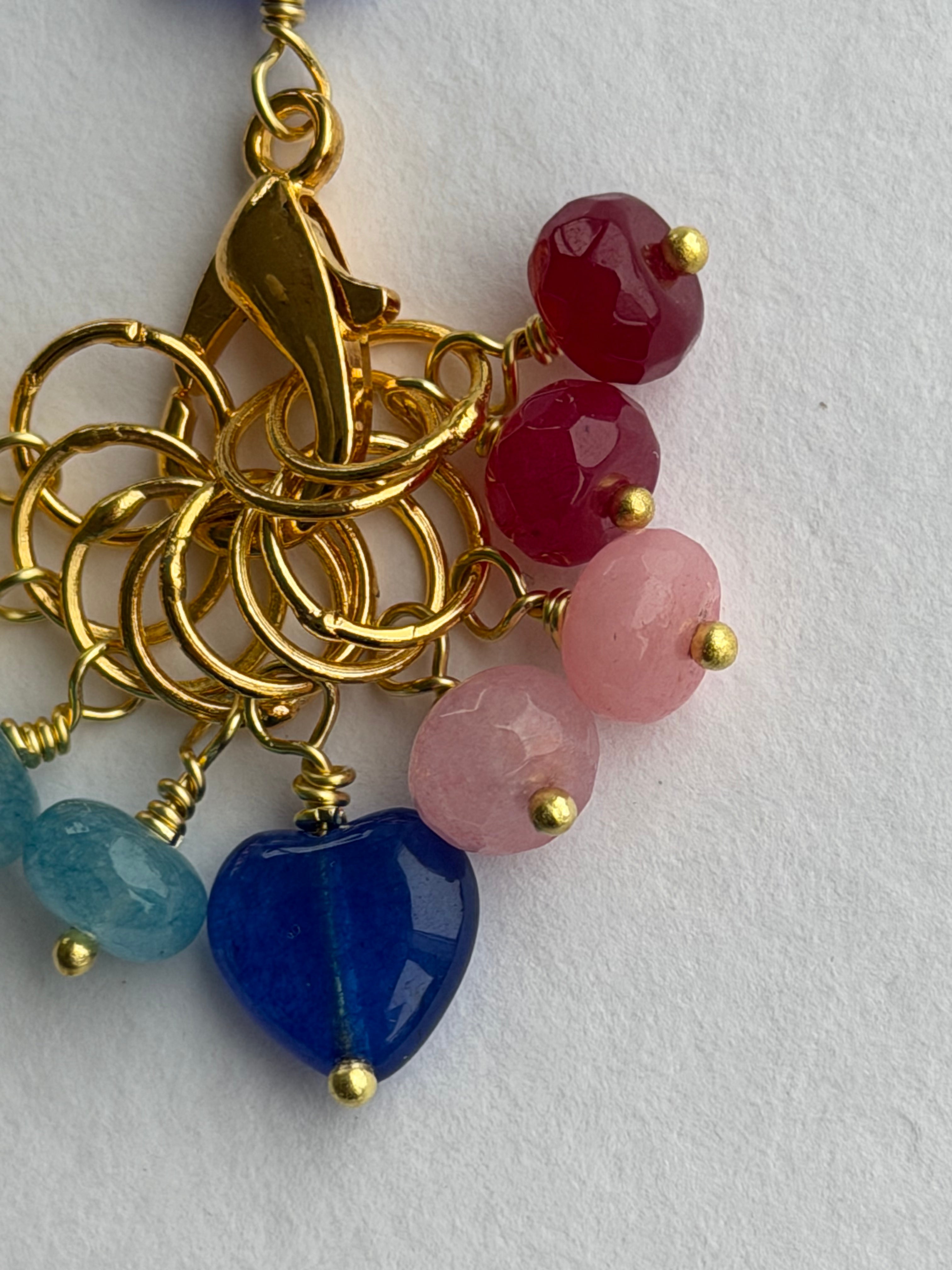 Maskemarkør sæt Rondeller -Blå  Hjerte forgyldt. Op til 7 mm. Akvamarin, Gul Jade, Rubin og Rhodocrosit