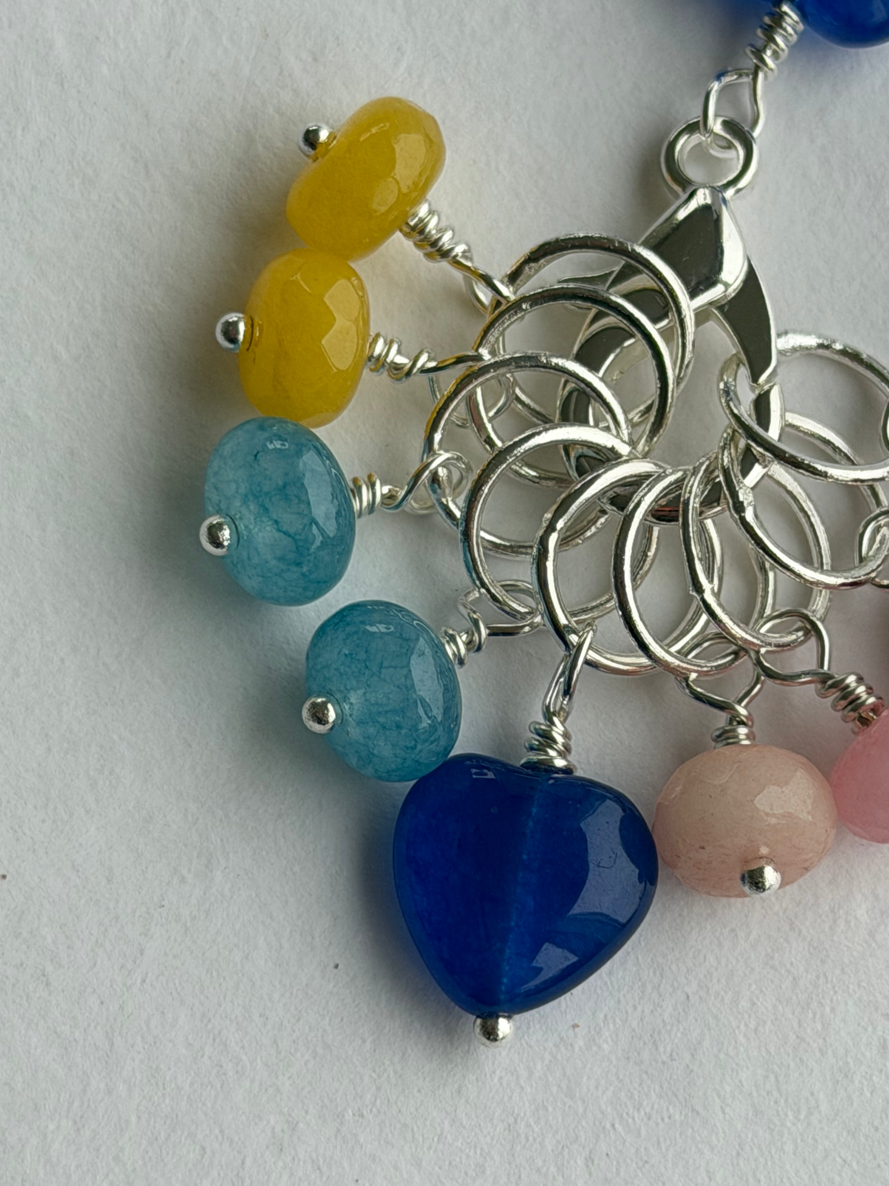 Maskemarkør sæt Rondeller - Blå Hjerte forsølvet. Op til 7 mm. Akvamarin, Gul Jade, Rubin og Rhodocrosit