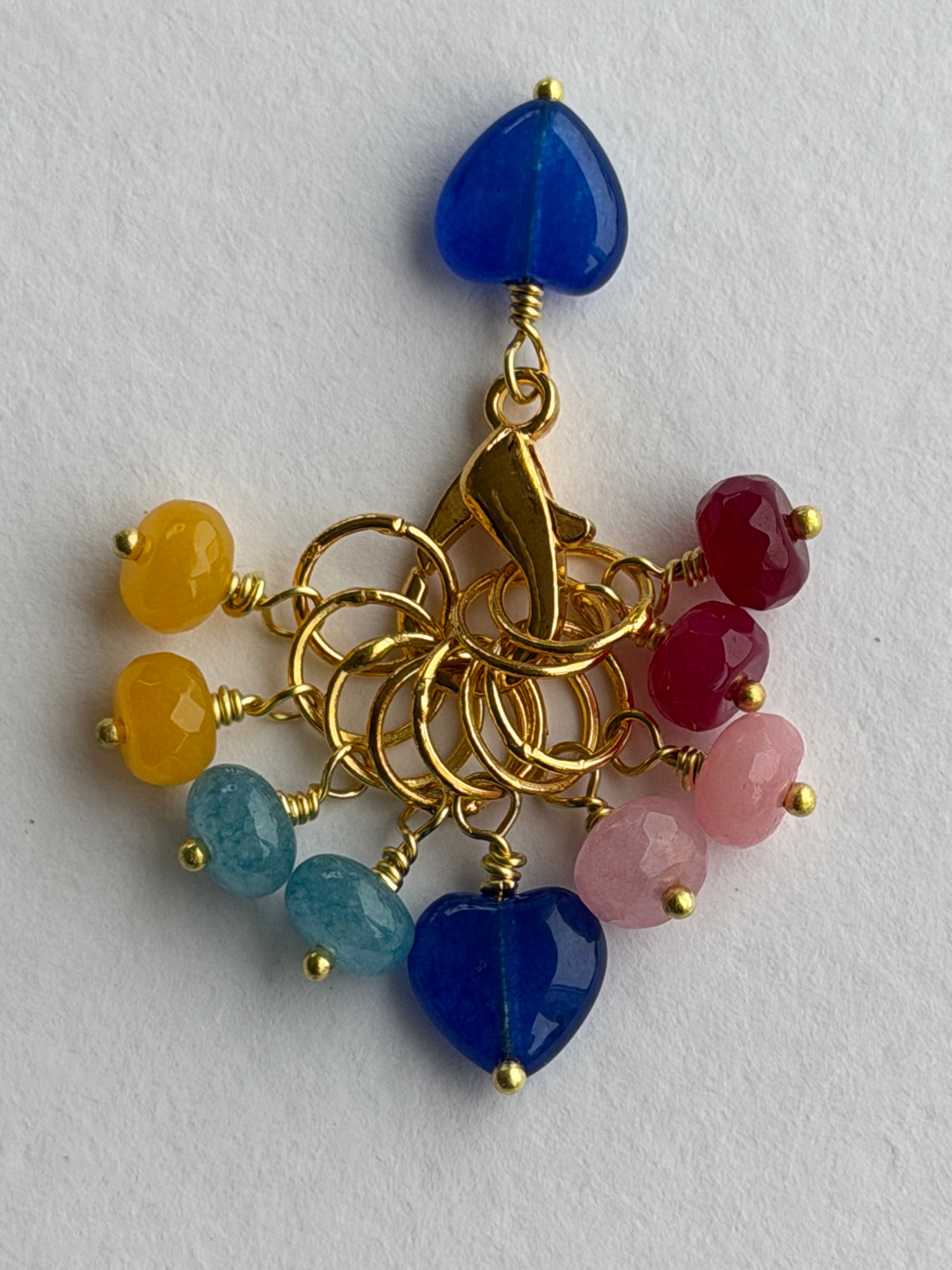 Maskemarkør sæt Rondeller -Blå  Hjerte forgyldt. Op til 7 mm. Akvamarin, Gul Jade, Rubin og Rhodocrosit