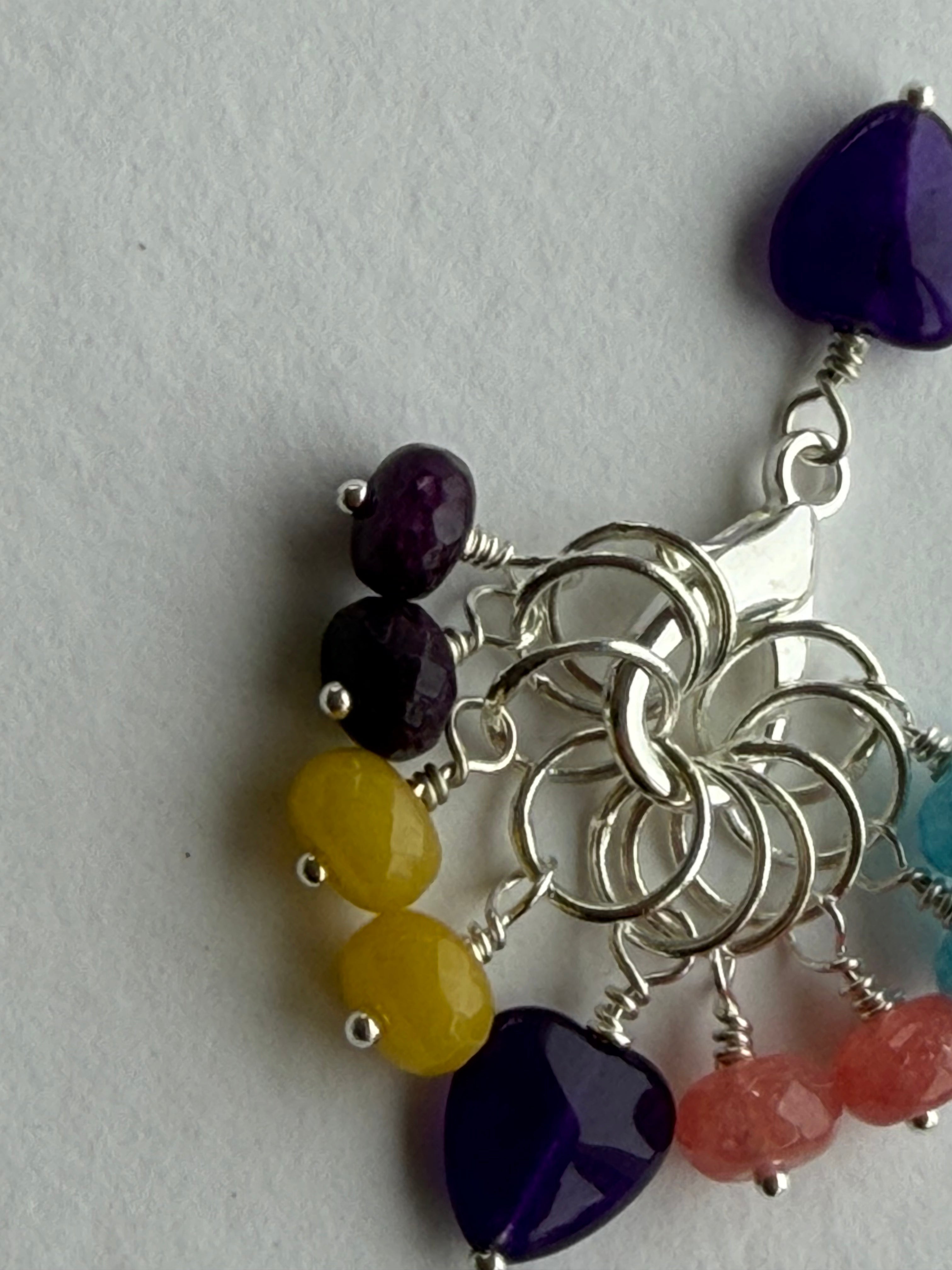 Maskemarkør sæt Rondeller - Lilla Hjerte forsølvet. Op til 7 mm. Akvamarin, Gul Jade, lilla jade og Rhodocrosit