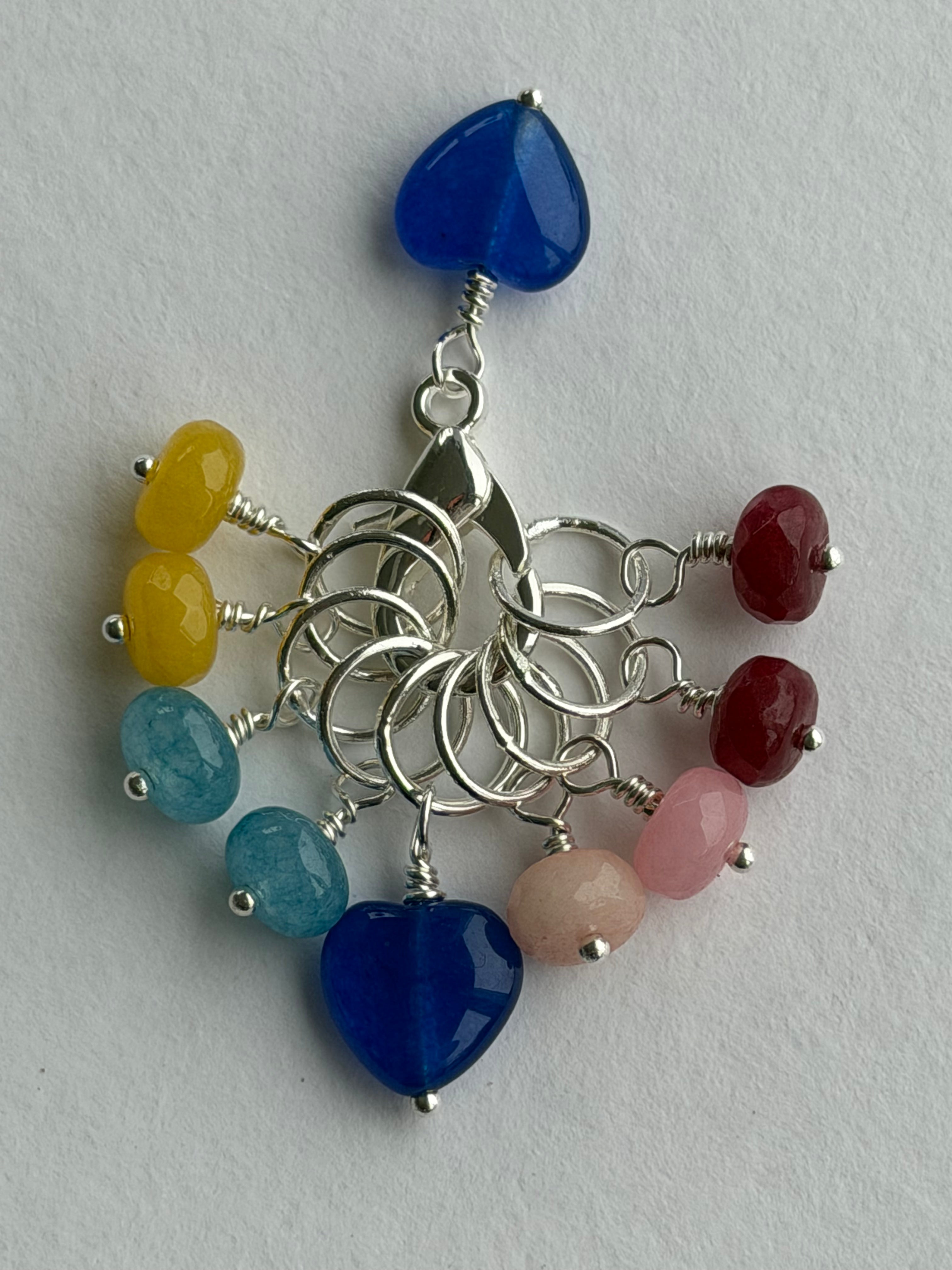 Maskemarkør sæt Rondeller - Blå Hjerte forsølvet. Op til 7 mm. Akvamarin, Gul Jade, Rubin og Rhodocrosit