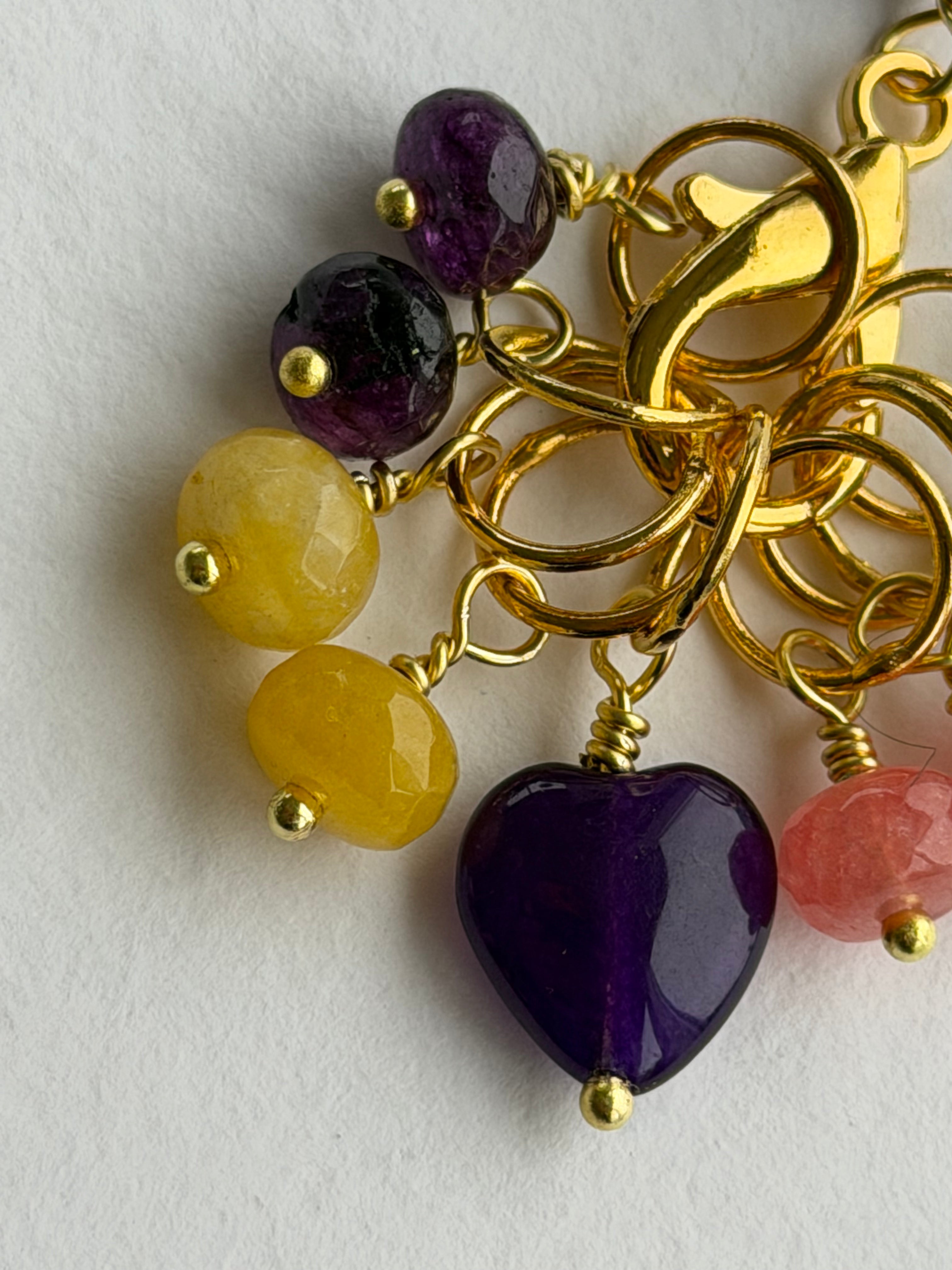 Maskemarkør sæt Rondeller - Lilla Hjerte forgyldt. Op til 7 mm. Akvamarin, Gul Jade, Lilla Jade og Rhodocrosit