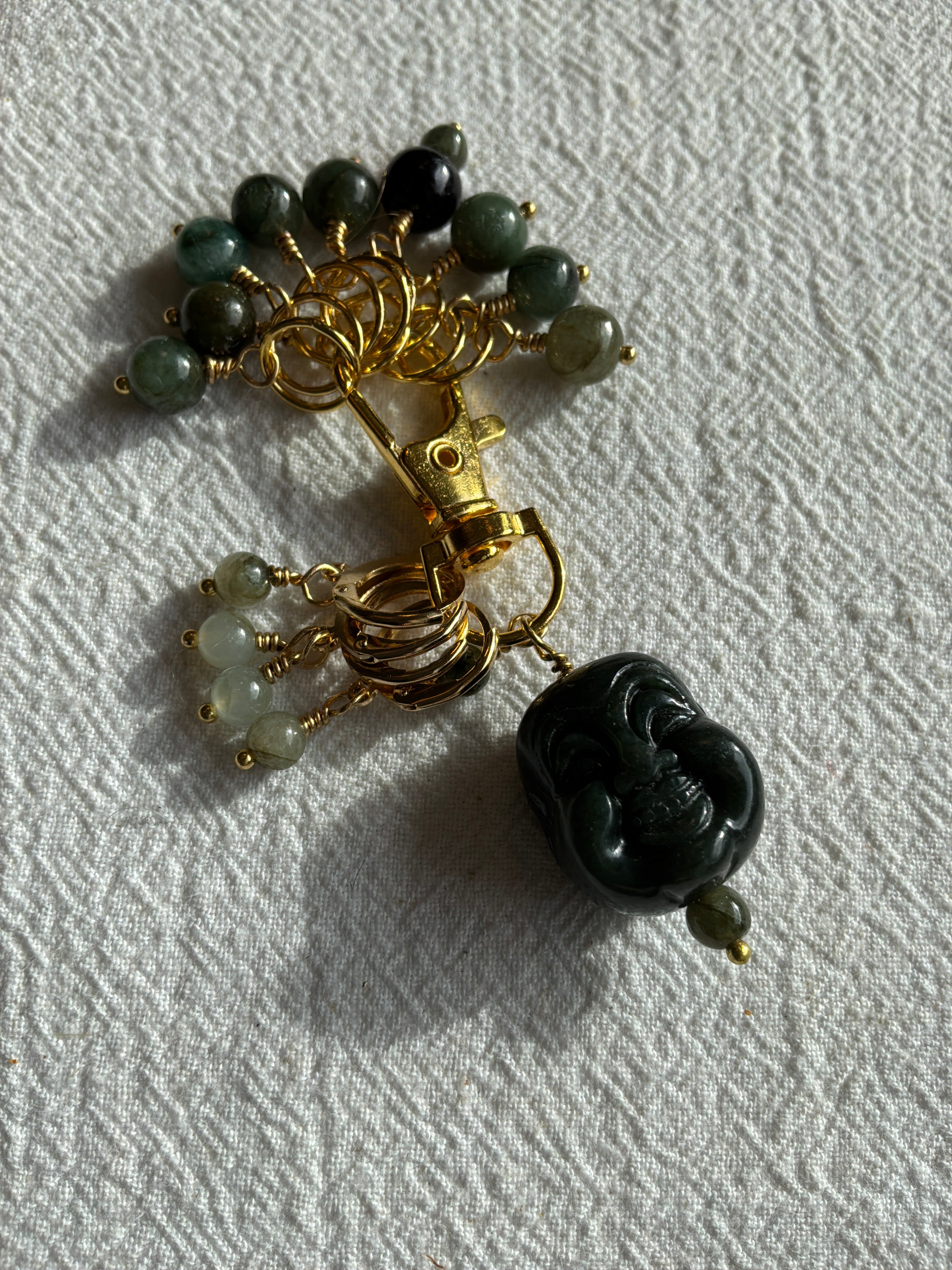 Maskemarkør sæt Jade grøn. Med smiling Buddah hoved vedhæng på markørholderen. Forgyldt op til 7 mm og åbenlukkelige