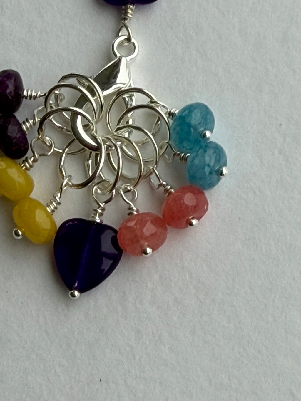 Maskemarkør sæt Rondeller - Lilla Hjerte forsølvet. Op til 7 mm. Akvamarin, Gul Jade, lilla jade og Rhodocrosit