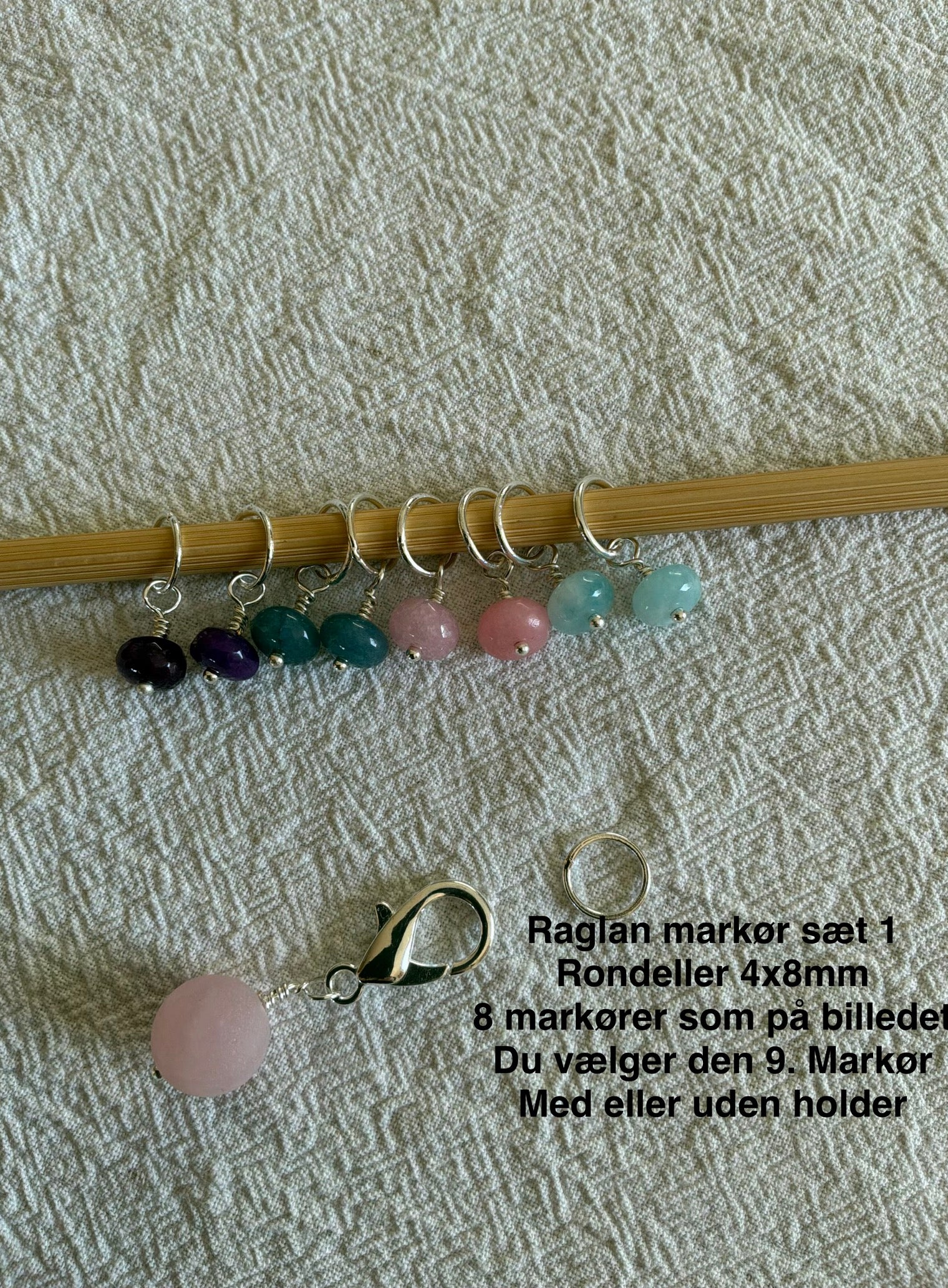 Raglan Markør sæt Rondeller 1. forsølvet/forgyldt - Med 9 markører - de 8 som på billedet, den 9. Vælger du selv - Du vælger ringestørrelse - Du vælger med holder 229.- / uden holder 199.-
