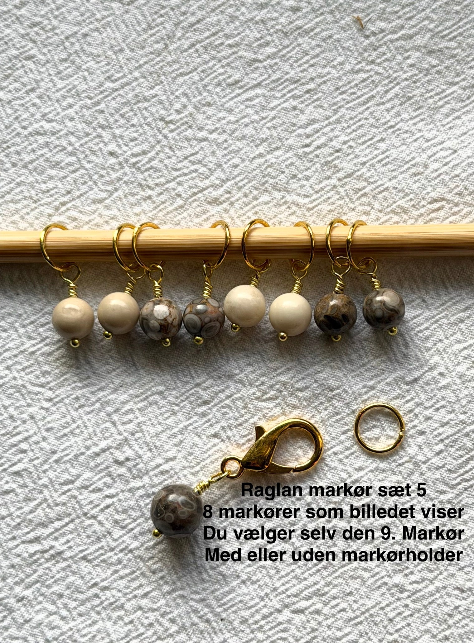 Raglan Markør sæt 5 forsølvet/forgyldt - Med 9 markører - de 8 som på billedet, den 9. Vælger du selv - Du vælger ringestørrelse - Du vælger med holder 229.- / uden holder 199.-
