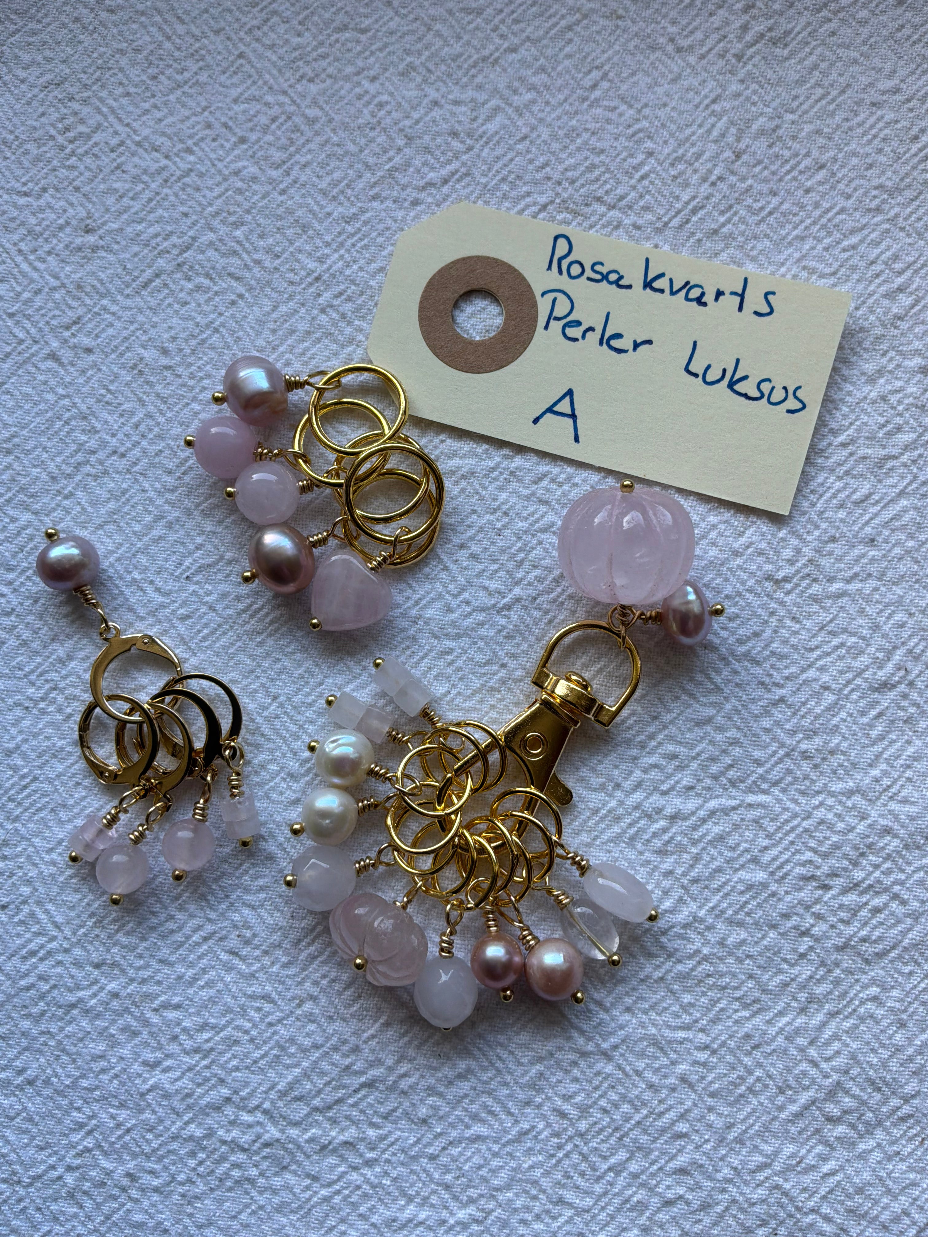 Maskemarkør sæt Rosakvarts og Perler forgyldt luksus A. 11x 7mm, 5x10mm og 5x åbenlukkelige markører