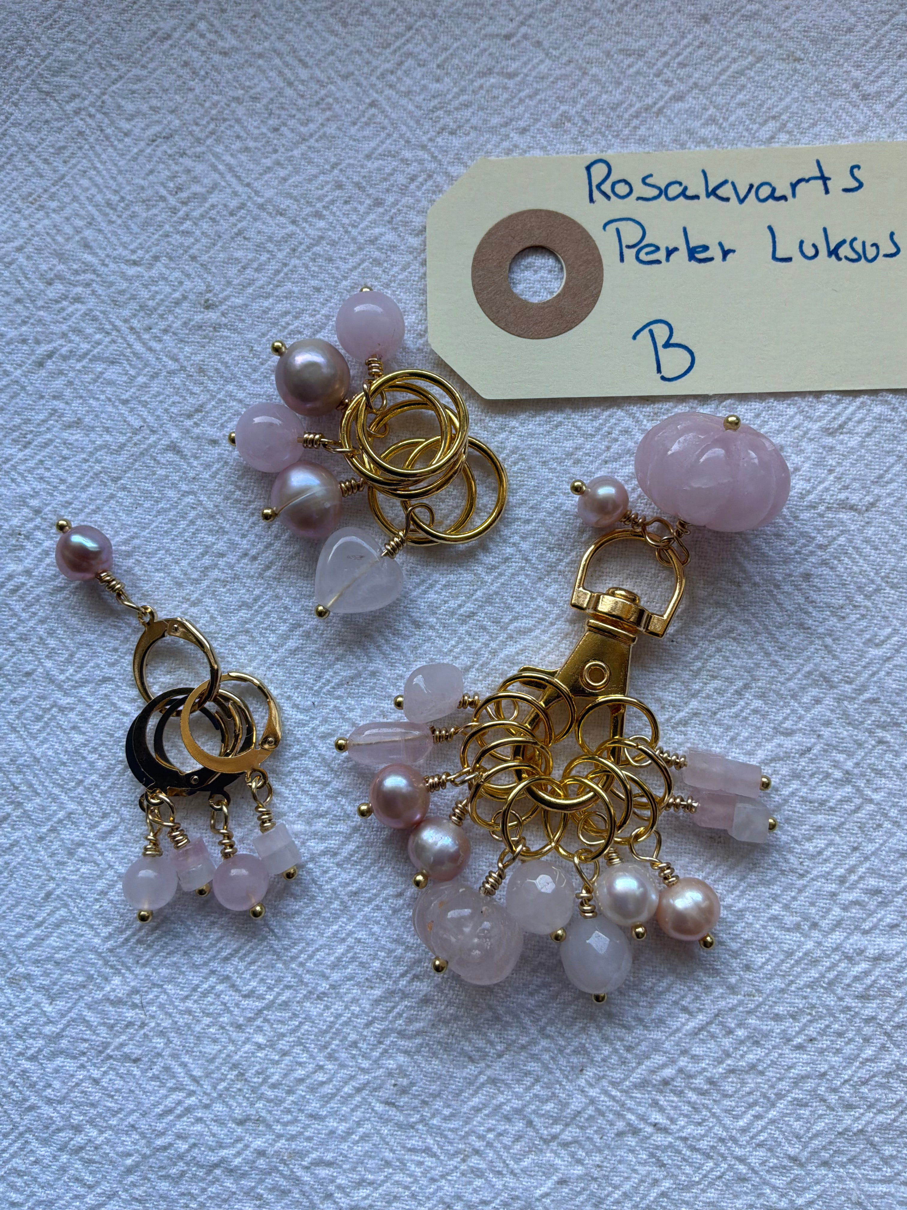 Maskemarkør sæt Rosakvarts og Perler forgyldt luksus B. 11x 7mm, 5x10mm og 5x åbenlukkelige markører
