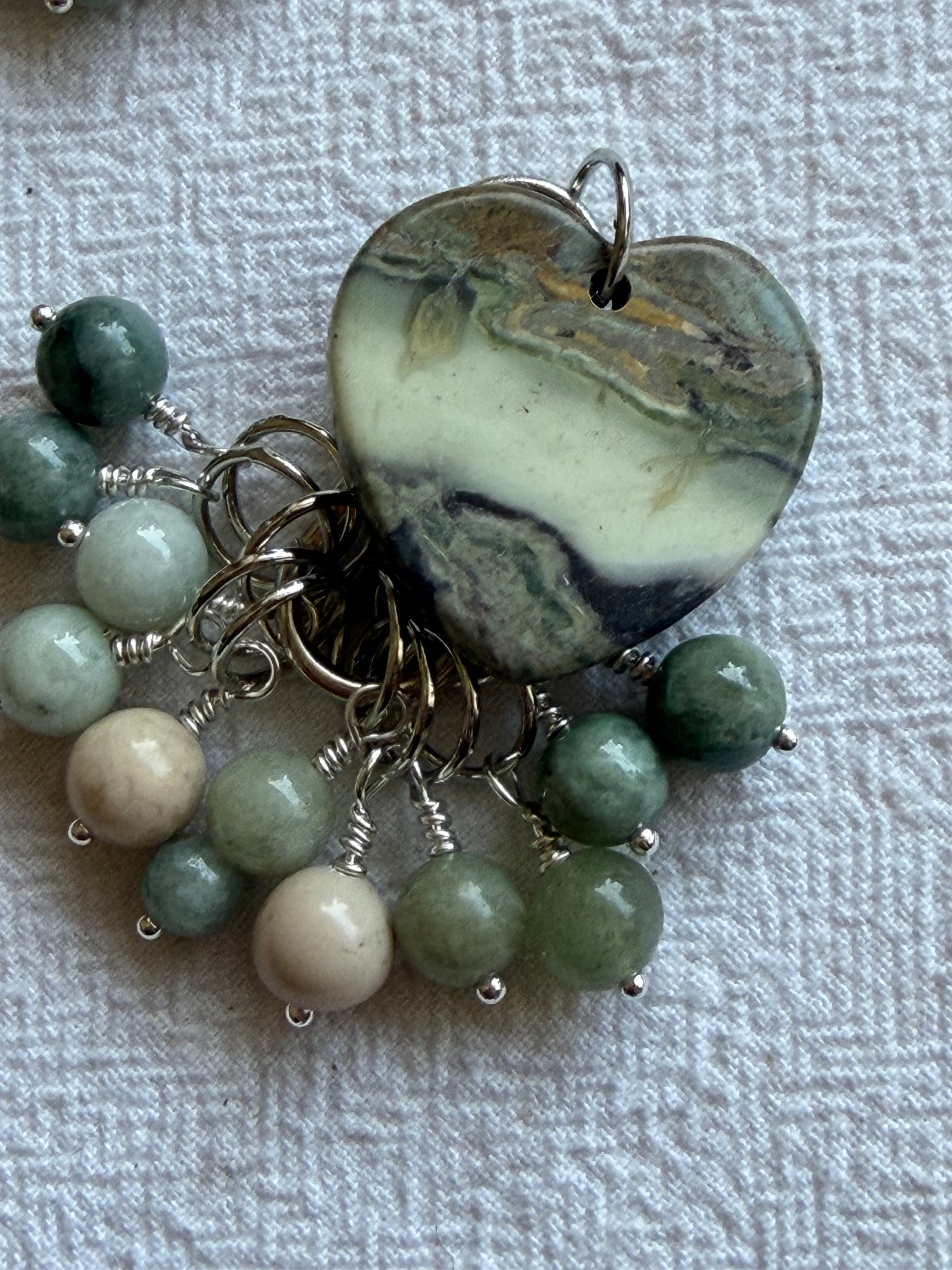 Maskemarkør sæt Hjerte holder. Markører i Grøn Jade og Fossil. Forsølvet luksus. 11x7mm, 5x10mm og 5 åbenlukkelige markører