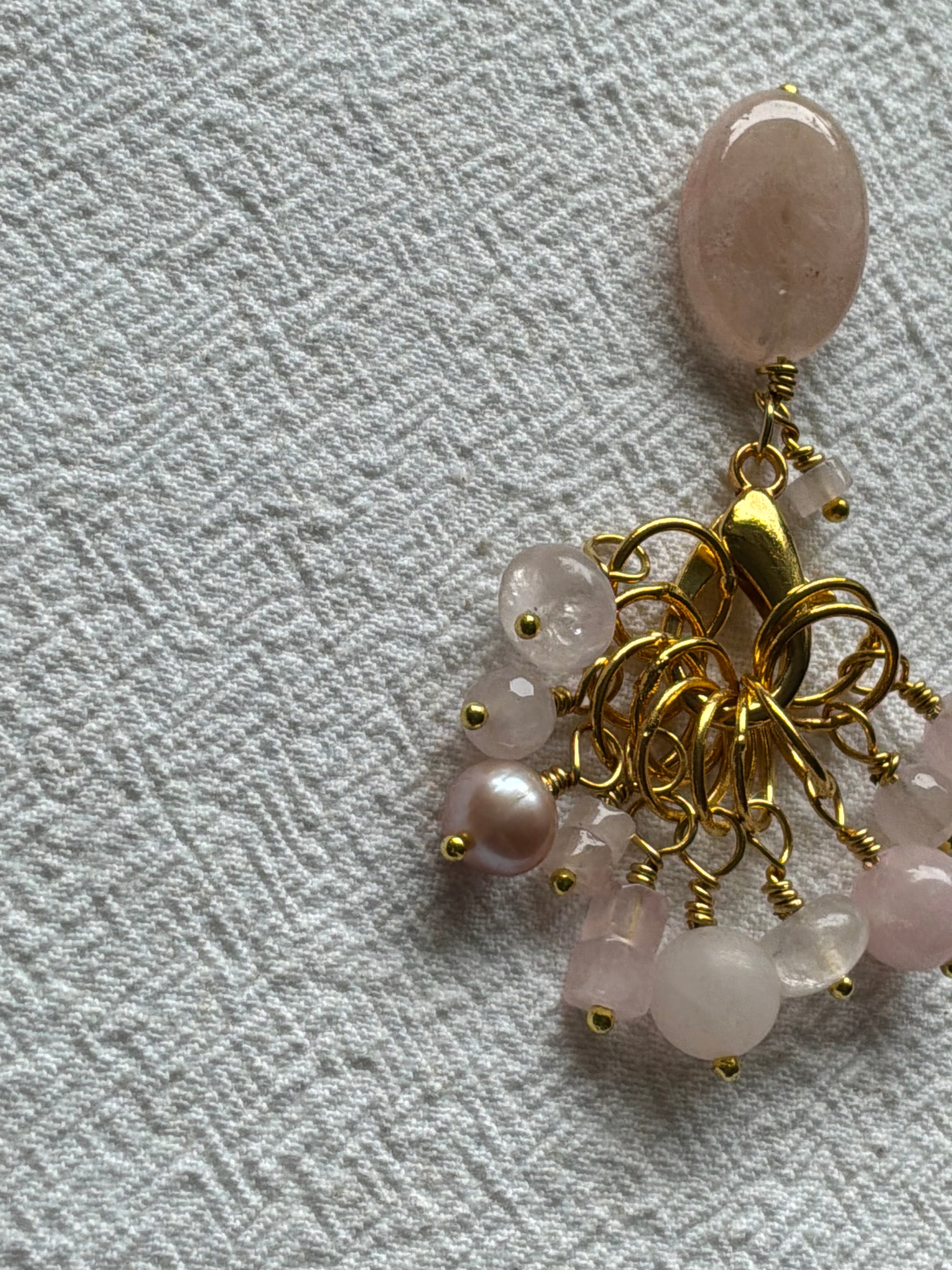 Maskemarkør sæt  Rosakvarts og perle 1. Forgyldte markører der passer på op til 7 mm pinde