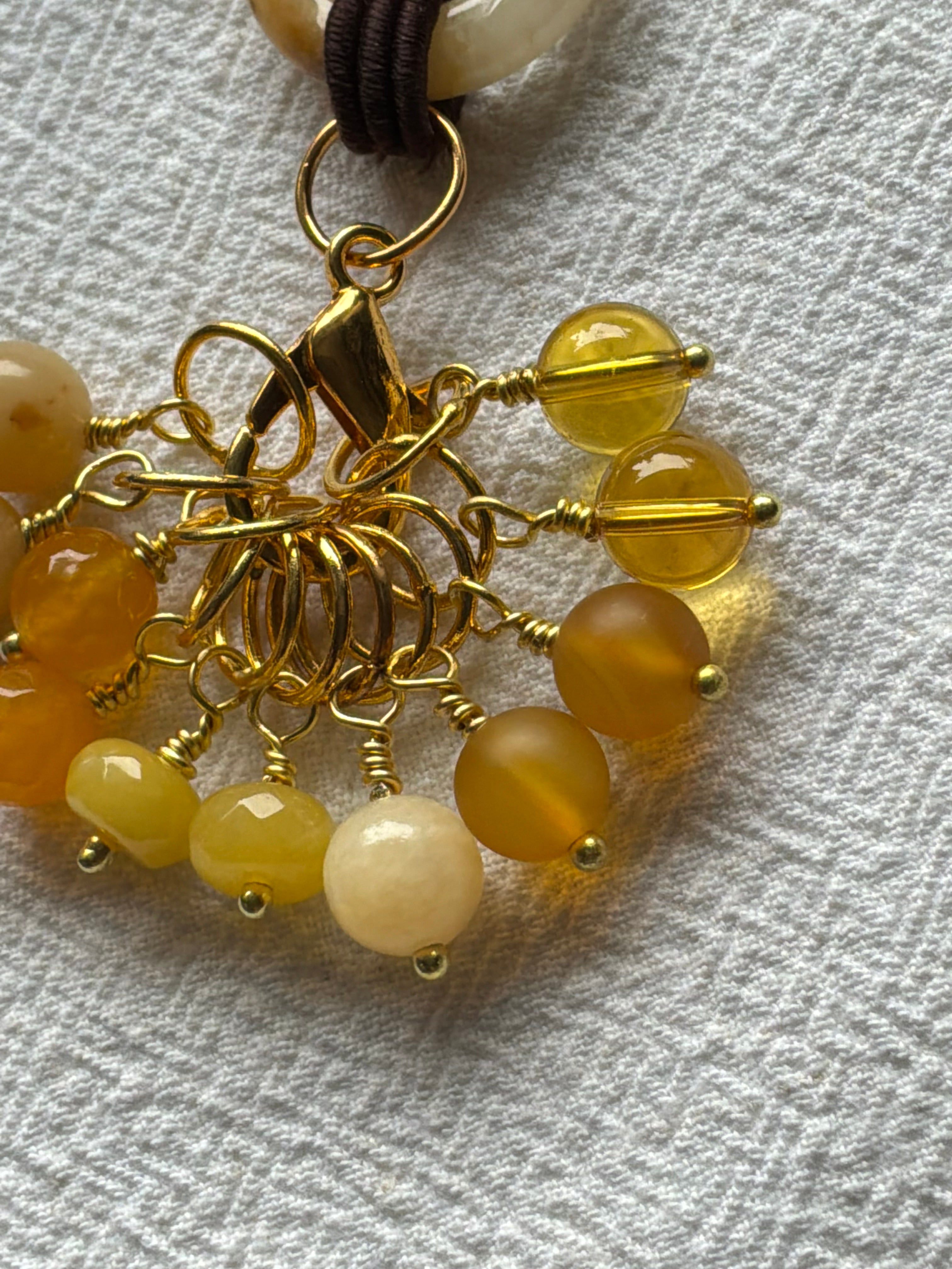 Maskemarkør sæt Citrin, Calsit, Gul Jade og Agat. Forgyldte markører der passer på op til 7 mm