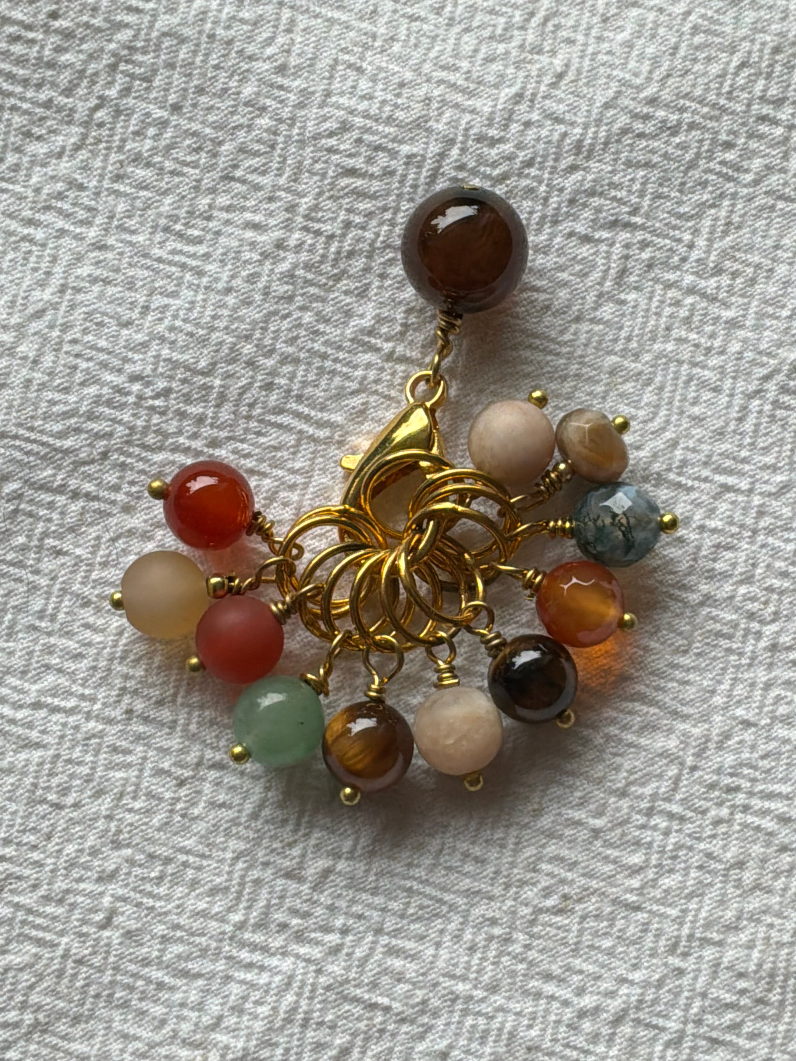 Maskemarkør sæt Tigerøje, Carneol, Aventurine og Agat. Forgyldte markører der passer på op til 7 mm