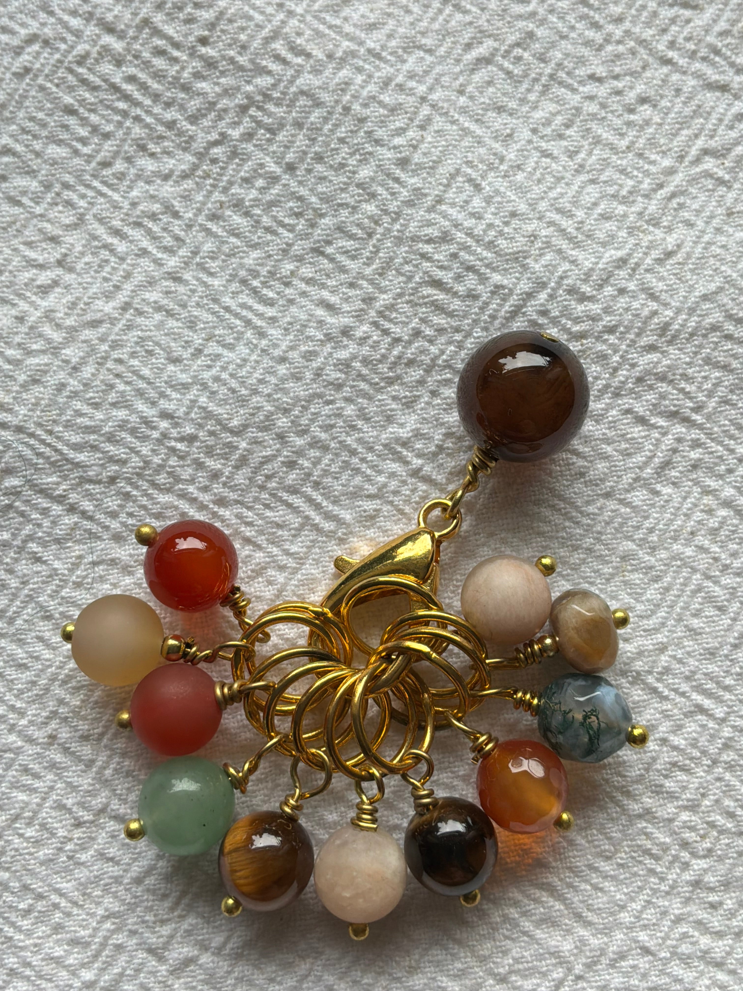 Maskemarkør sæt Tigerøje, Carneol, Aventurine og Agat. Forgyldte markører der passer på op til 7 mm