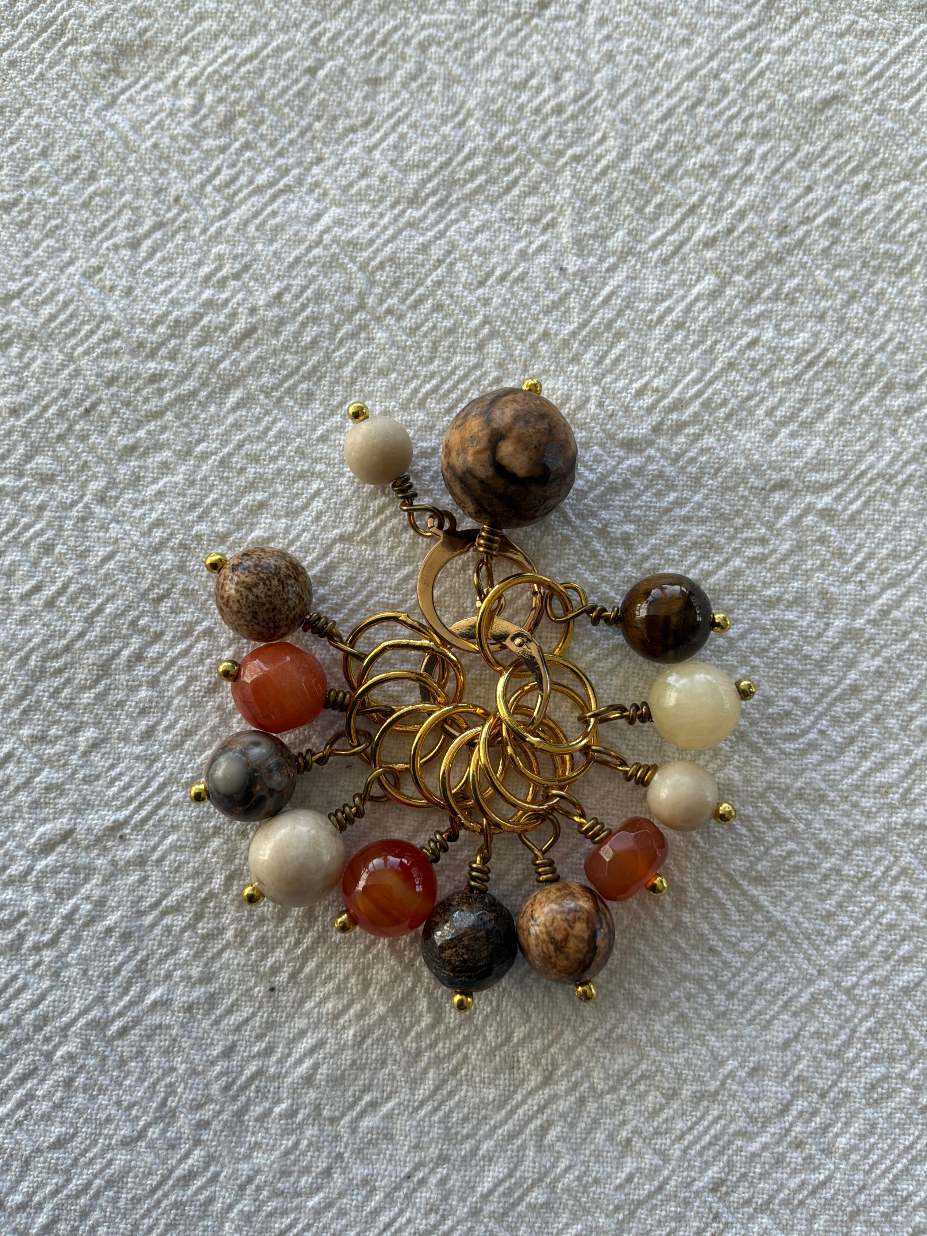 Maskemarkør sæt Carneol, Tigerøje, Picture Jasper, Fossil.Forgyldte markører der passer på op til 7 mm pinde