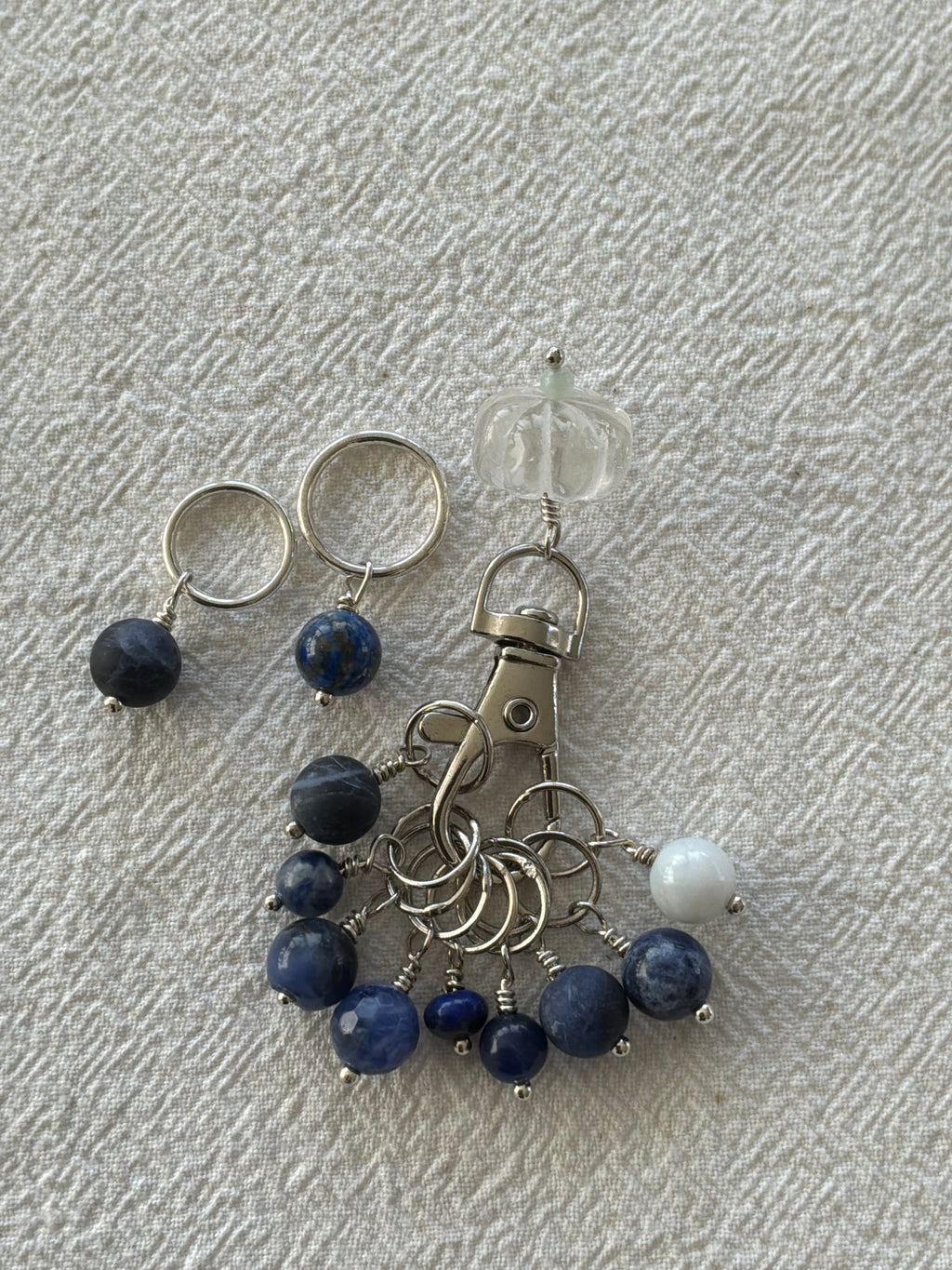 Maskemarkør sæt Sodalit, Akvamrin og Bjergkrystal forsølvet. Op til 9x 7mm pinde og 1 x10mm og 1x12mm