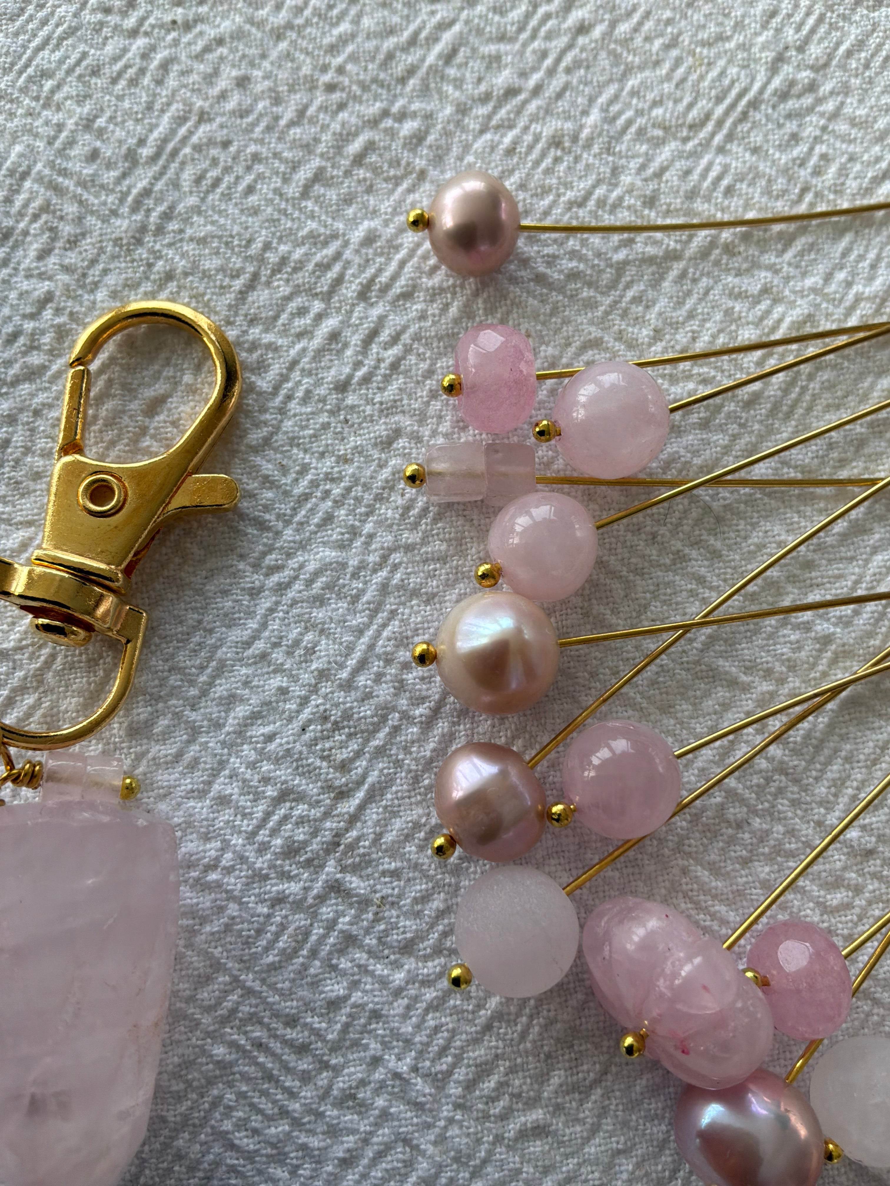 Maskemarkør sæt Unika stort forgyldt eller forsølvet. Rosakvarts og Perler - Du bestemmer hvilke størrelse ringe