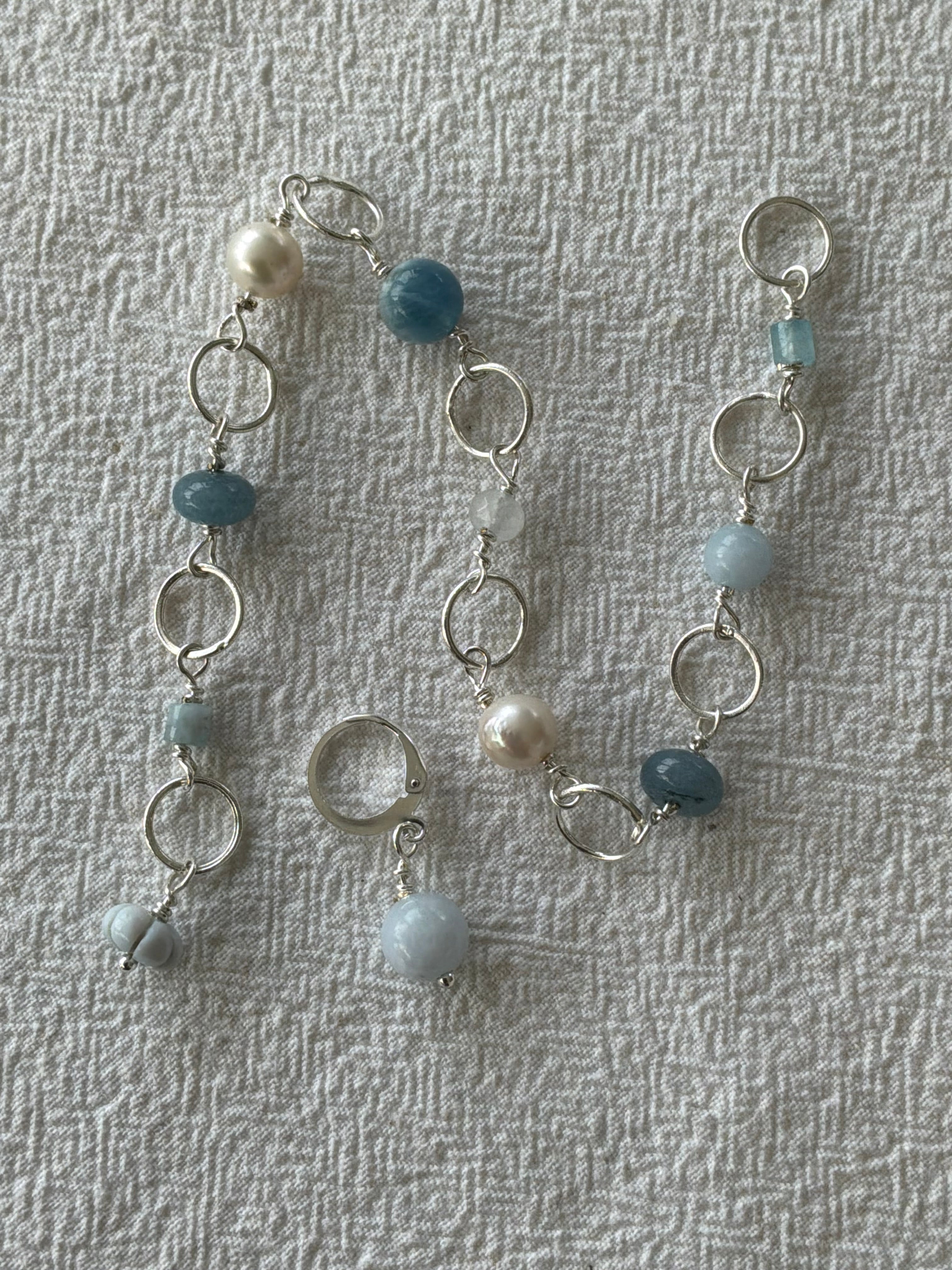 Strikkefisk forsølvet 10 ringe passer på op til 7 mm. Akvamarin, Perle og Blue Oregon Opal