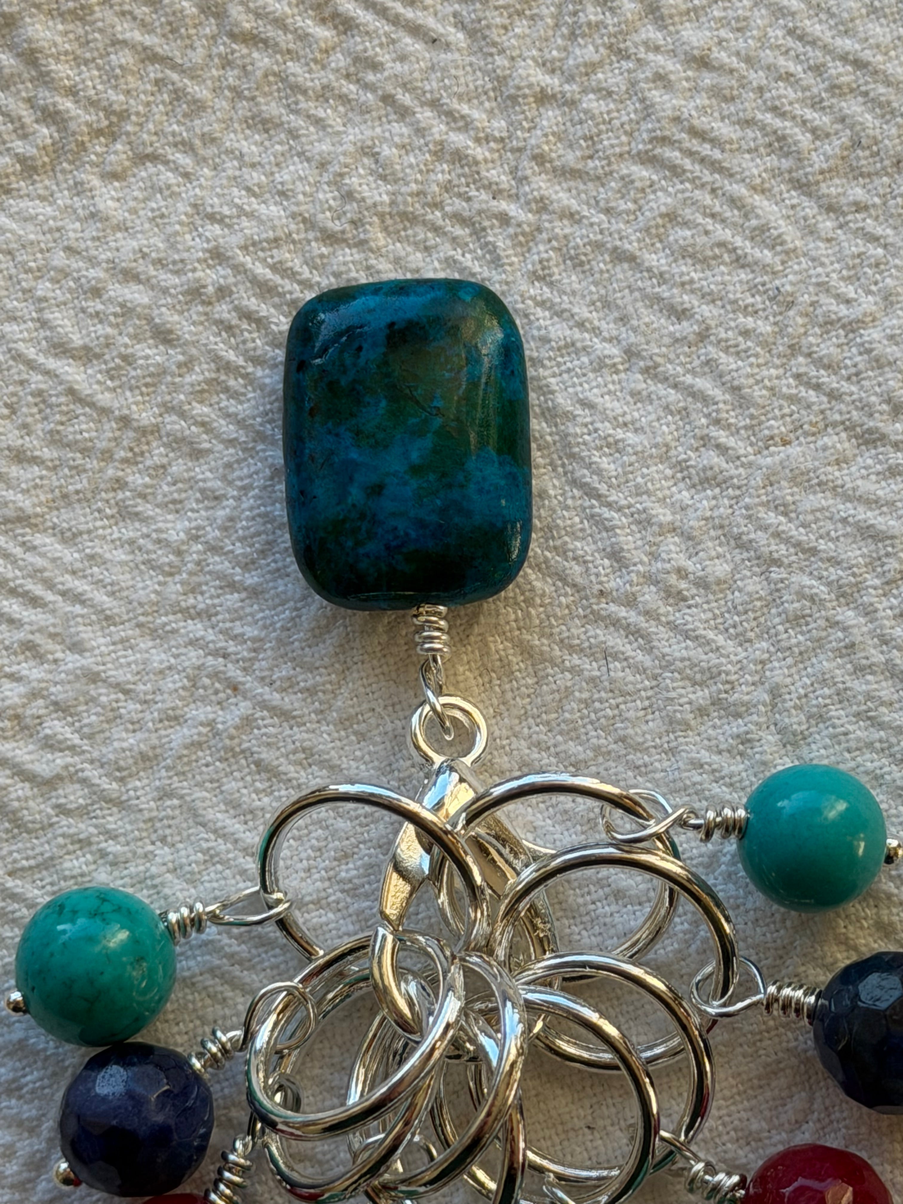 Maskemarkør sæt rødt hjerte, Turkis, Sodalit og Agat, forsølvet. Op til 10 mm