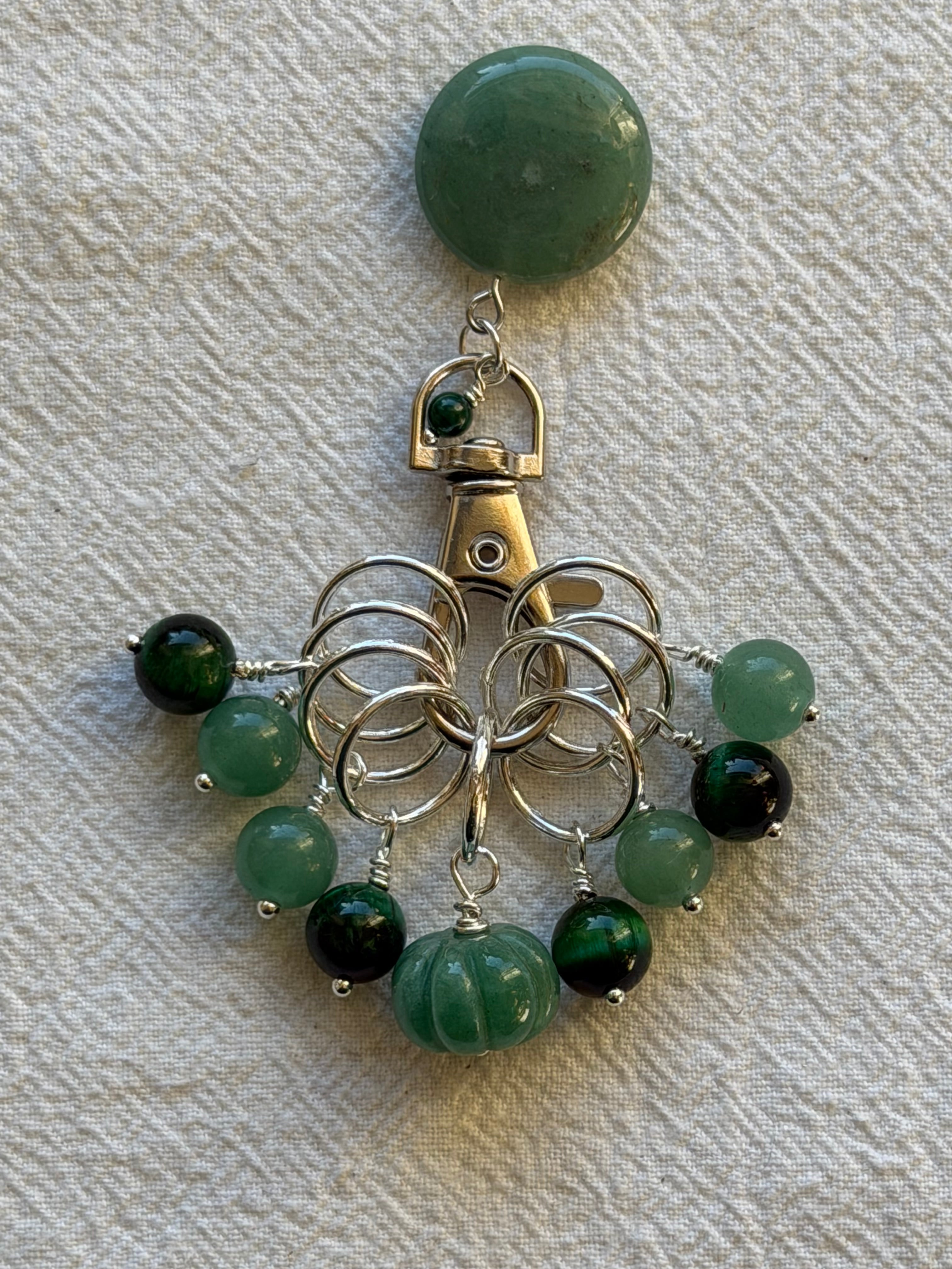 Maskemarkør sæt Aventurin og Grøn Tigerøje, forsølvet. Op til 10 mm