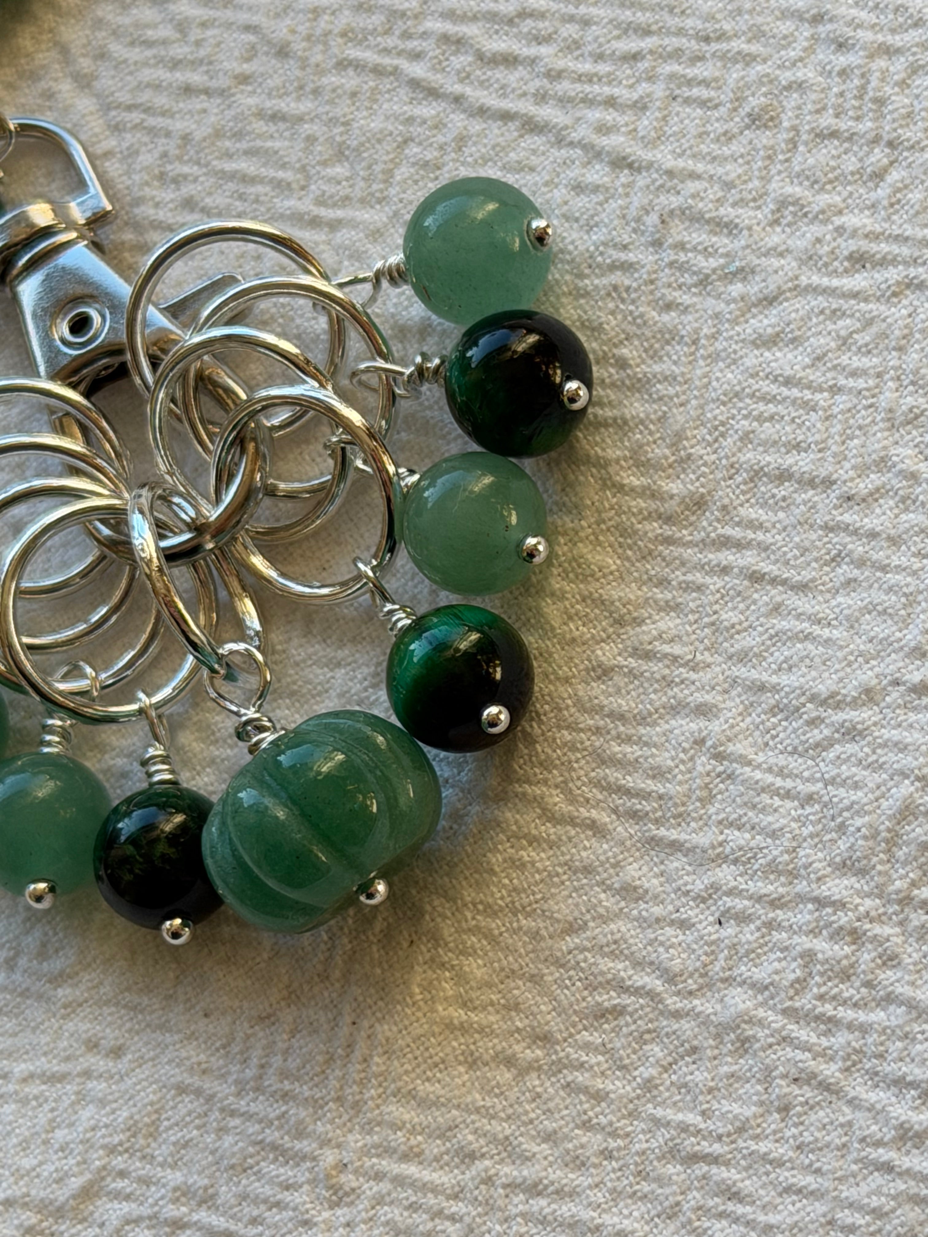 Maskemarkør sæt Aventurin og Grøn Tigerøje, forsølvet. Op til 10 mm