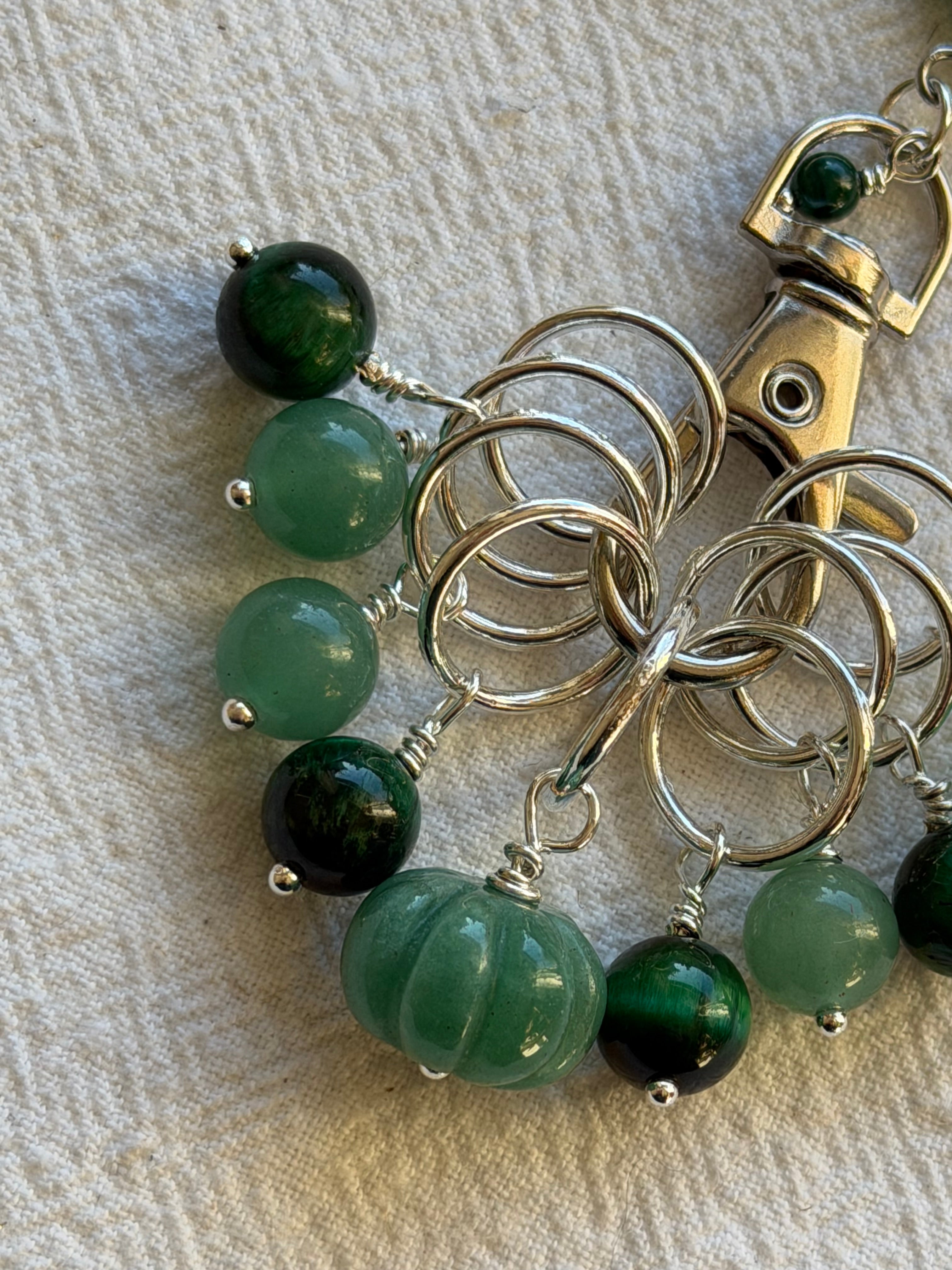 Maskemarkør sæt Aventurin og Grøn Tigerøje, forsølvet. Op til 10 mm